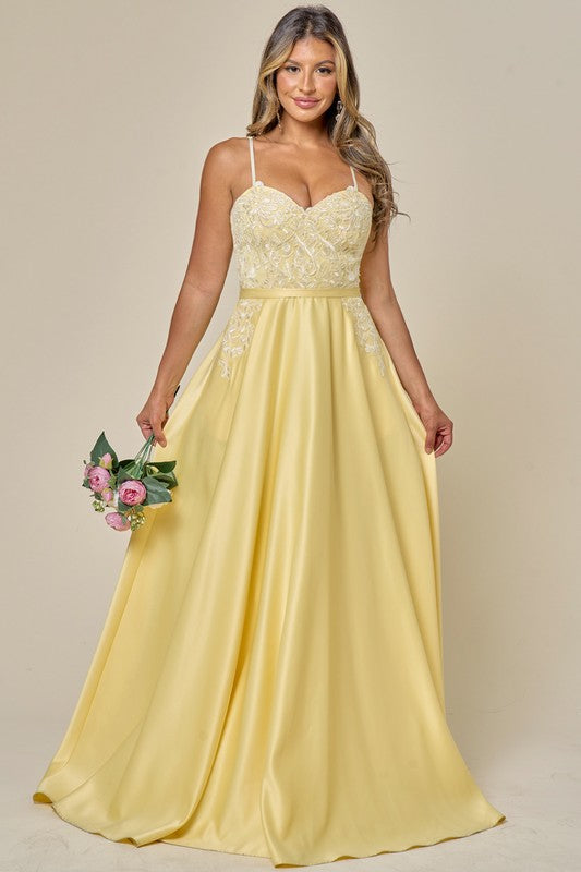 Lace Embroidered Yellow Satin Strapless ...